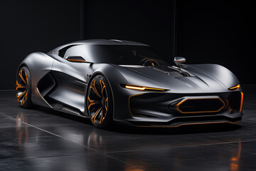 Futuristic concept car in garage on dark background, expensive exclusive sports auto, AI Generated © staras