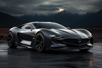 Futuristic concept car outdoors on the background of mountains, expensive exclusive sports auto, AI Generated © staras