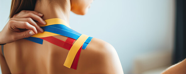 kinesiology - physiotherapist taping after injured. - obrazy, fototapety, plakaty