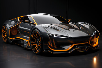 Futuristic concept car in garage on dark background, expensive exclusive sports auto, AI Generated © staras