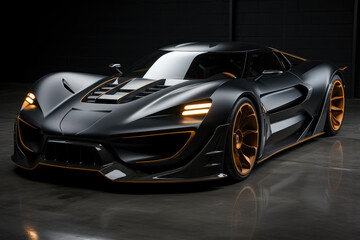 Obraz na płótnie Canvas Futuristic concept car in garage on dark background, expensive exclusive sports auto, AI Generated