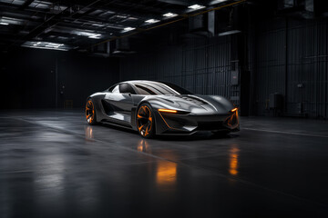 Futuristic concept car in garage on dark background, expensive exclusive sports auto, AI Generated © staras