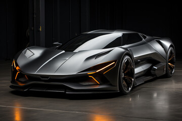 Obraz na płótnie Canvas Futuristic concept car in garage on dark background, expensive exclusive sports auto, AI Generated