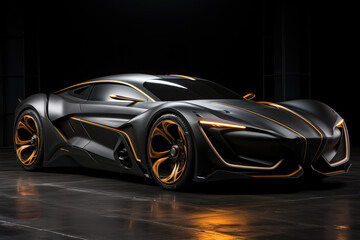 Futuristic concept car in garage on dark background, expensive exclusive sports auto, AI Generated © staras