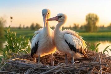 A beautiful scene with storks in a nest. Created with Generative Ai technology.