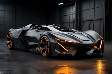 Futuristic concept car in garage on dark background, expensive exclusive sports auto, AI Generated © staras