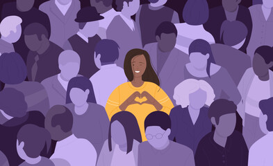 Happy girl in crowd vector illustration. Cartoon satisfied young woman standing among group of faceless depressed sad adult people with heart gesture, lucky female character with smile on cute face