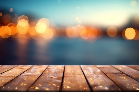 Festive background. An empty wooden table surface and garlands or lights of a night city in the background. Generative AI.