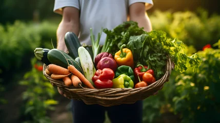 Fotobehang Farmer holds basket with organic vegetables. AI generated image © yekaterinalim
