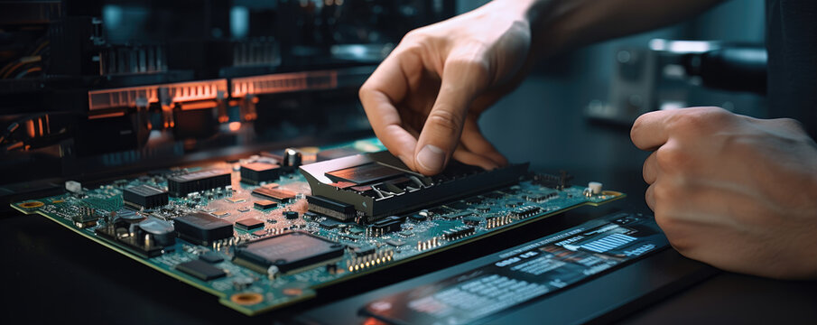 technician hands repairing the smartphone's motherboard in the lab with copy space.
