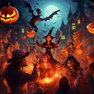 Illustration of a Halloween costume party, magic creatures having fun
