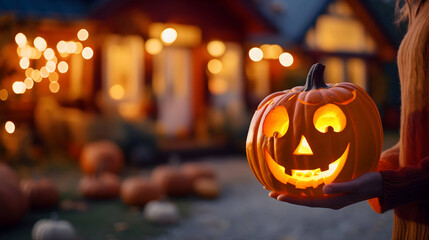 Halloween pumpkin lantern in womans hand. AI generated image