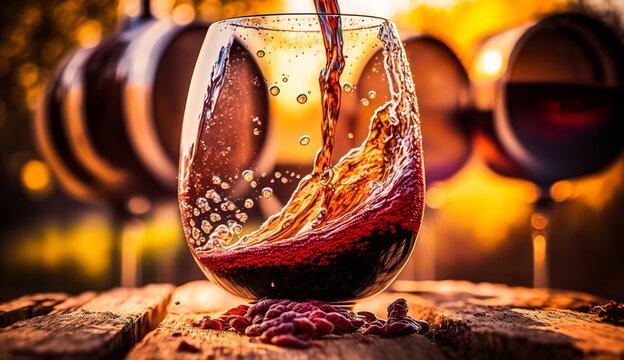 A glass of red wine stands on a wooden barrel against the backdrop of a winery in the evening sun.Generative AI