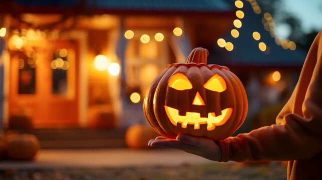 Halloween pumpkin lantern in womans hand. AI generated image