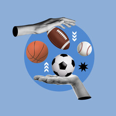 sports, examples of sports, hands with balls, soccer, american, basketball, baseball​, playing sports, different balls, concept, collage art, photo collage
