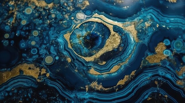 Amazing cross section of blue agate illustration for wallpaper with gold elements. Blue mineral slice surface abstract illustration. Beautiful rock interior blue texture. Brazilian geode © StasySin
