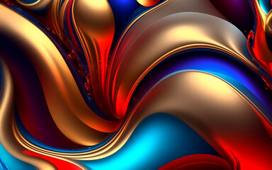 Futuristic, diamond abstract background of red, blue, gold color spirals and balls