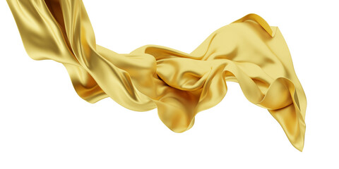 A dynamic 3D render showcasing golden silk fabric, beautifully drifting with the breeze.. Waving satin cloth isolated on transparent PNG background