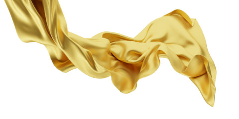 A dynamic 3D render showcasing golden silk fabric, beautifully drifting with the breeze.. Waving satin cloth isolated on transparent PNG background