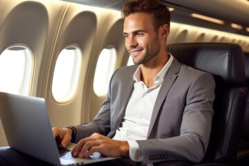 Portrait of handsome businessman working on laptop while flying on airplane