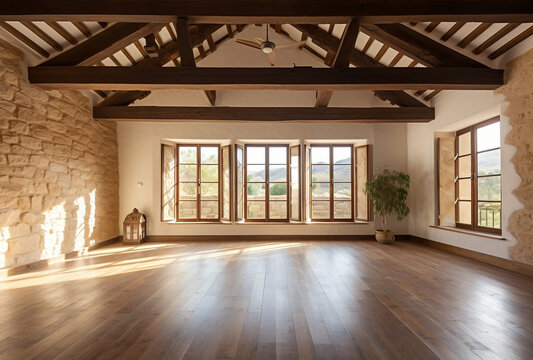 Open plan empty master bedroom with parquet floors, wooden beams and air conditioning in rustic style