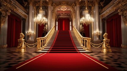 Obraz premium Red carpet and golden barriers. Created with Generative Ai technology.