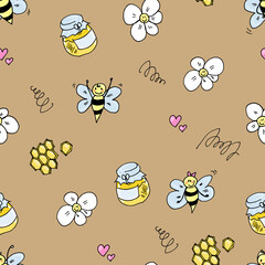 Cute smiling bee with yellow honey and flowers - colorful hand drawn seamless pattern on brown background