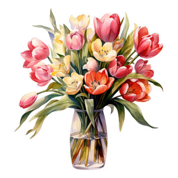 PNG flower tulips in watercolor style, isolated transparent background, generative ai