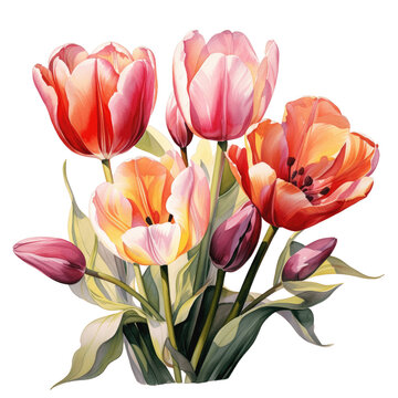 PNG flower tulips in watercolor style, isolated transparent background, generative ai