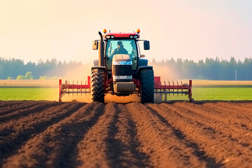 Obraz premium Tractor with a roller tillage on spring field. Soil rolling supports germination and is the basis for good harvesting, organic farming and agronomy