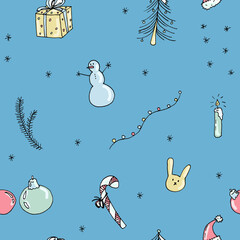 New Year hand drawn seamless pattern  with snowman, gifts, bunny and snow -  on navy blue background
