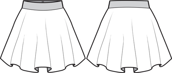 Women's skater Skirt flat sketch fashion illustration with front and back view © Fathima Flats