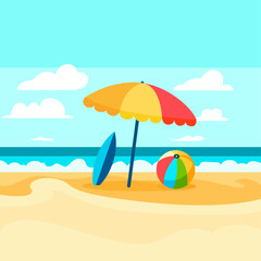 Fototapeta na wymiar sunny beach with a colorful beach umbrella flat , a beach ball, and a surfboard flat style stock vector image