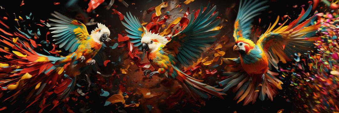 Colorful parrot mixed with color. Gradient color splash abstract background in the shape of the feathers, luxury zoo or pet shop concept, wallpaper.