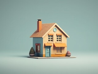 Illustration of an isolated two storey house with copy space and light blue background. Concept of real estate, homeowning, property