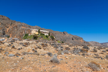 Fototapeta na wymiar Environment and landscape of Moni Kapsa monastery in the southeast of the island of Crete Greece - Lerapetra area.