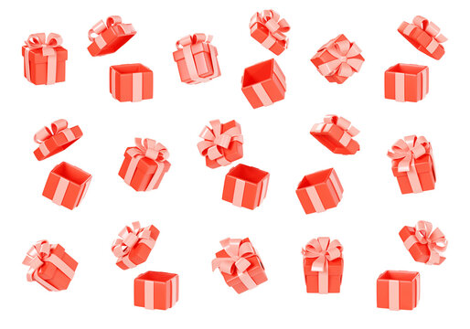 Gift box 3d render illustration set - collection of red closed and open present packages with pink ribbon and bow.