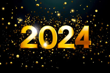 Happy New Year 2024 celebration. Greeting Card with lights and bokeh effect on background. Generative AI.