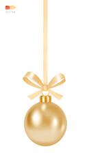 Hanging Christmas Toy with a Bow. Traditional Christmas Tree Shiny Gold Ball. Holiday Decor - golden sphere hanging on a ribbon. Luxury decorative Design Template. Realistic 3d vector
