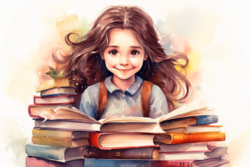 Cute little girl with books, back to school watercolor style on a white background. Generative AI