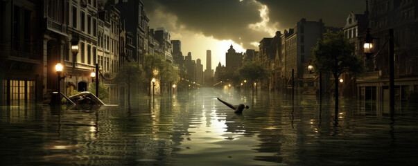 Fototapeta premium Extreme rainfall concept. Flood with high water disaster in city, flooding houses and rising water.