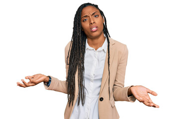 African american woman wearing business jacket clueless and confused with open arms, no idea...
