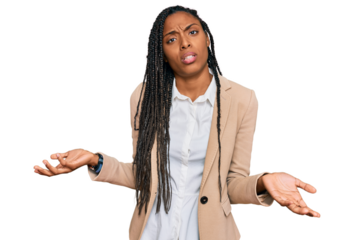 African american woman wearing business jacket clueless and confused with open arms, no idea concept.
