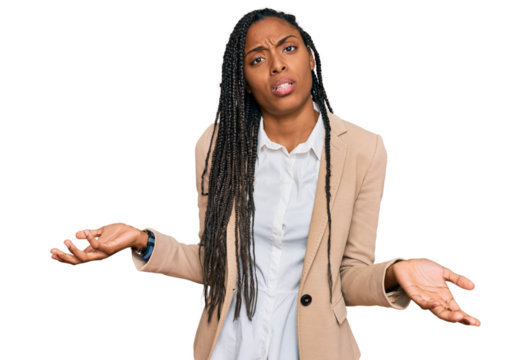 African american woman wearing business jacket clueless and confused with open arms, no idea concept.