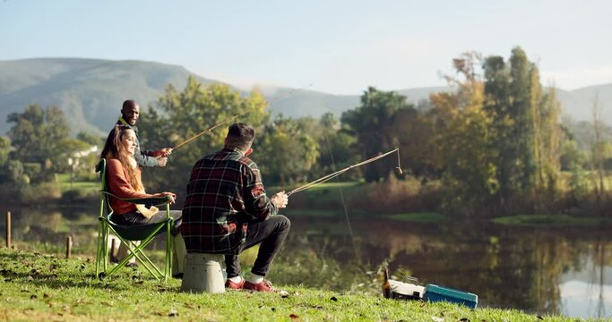 Fishing, lake and friends in nature on camping holiday, adventure and vacation together outdoors. Friendship, relax and women and men with rods by river for sports hobby, activity and catching fish