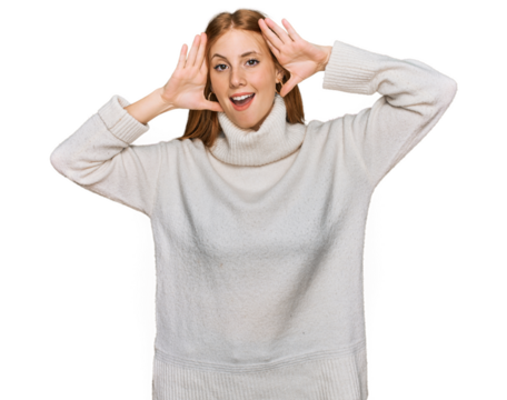 Young irish woman wearing casual winter sweater smiling cheerful playing peek a boo with hands showing face. surprised and exited