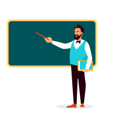 Teacher pointing at blackboard flat style stock vector illustration, Male Teacher Infront of a blank blackboard  flat style stock vector image