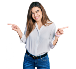 Young caucasian girl wearing casual white shirt smiling confident pointing with fingers to different directions. copy space for advertisement