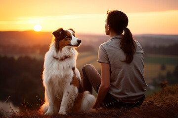 Girl with a dog at sunset. Walking with a pet.