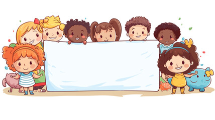 Cute Children holding a white plate with space for text ( copy space) on a white background. AI generated.